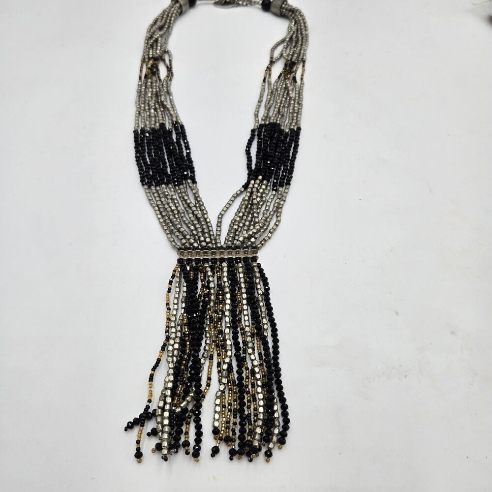 Himalayan Gems Necklace Fringe Boho Flapper Vibe Black Silver Gold Beads 22"